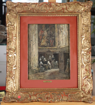 
										Quimper, bretonnes en prière dans la cathédrale Saint-Corentin, 1857 by EUGÈNE BOUDIN (FRANCE/ 1824-1898) , a work of fine art assessed by Morin Williams Expertise, sold at auction by Thierry-Lannon at 26, rue du Château, 29200 BREST .												