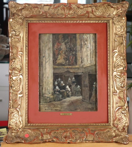 Quimper, bretonnes en prière dans la cathédrale Saint-Corentin, 1857 par EUGÈNE BOUDIN (FRANCE/ 1824-1898) , une oeuvre d'art expertisée par Morin Williams Expertise, vendue aux enchères.